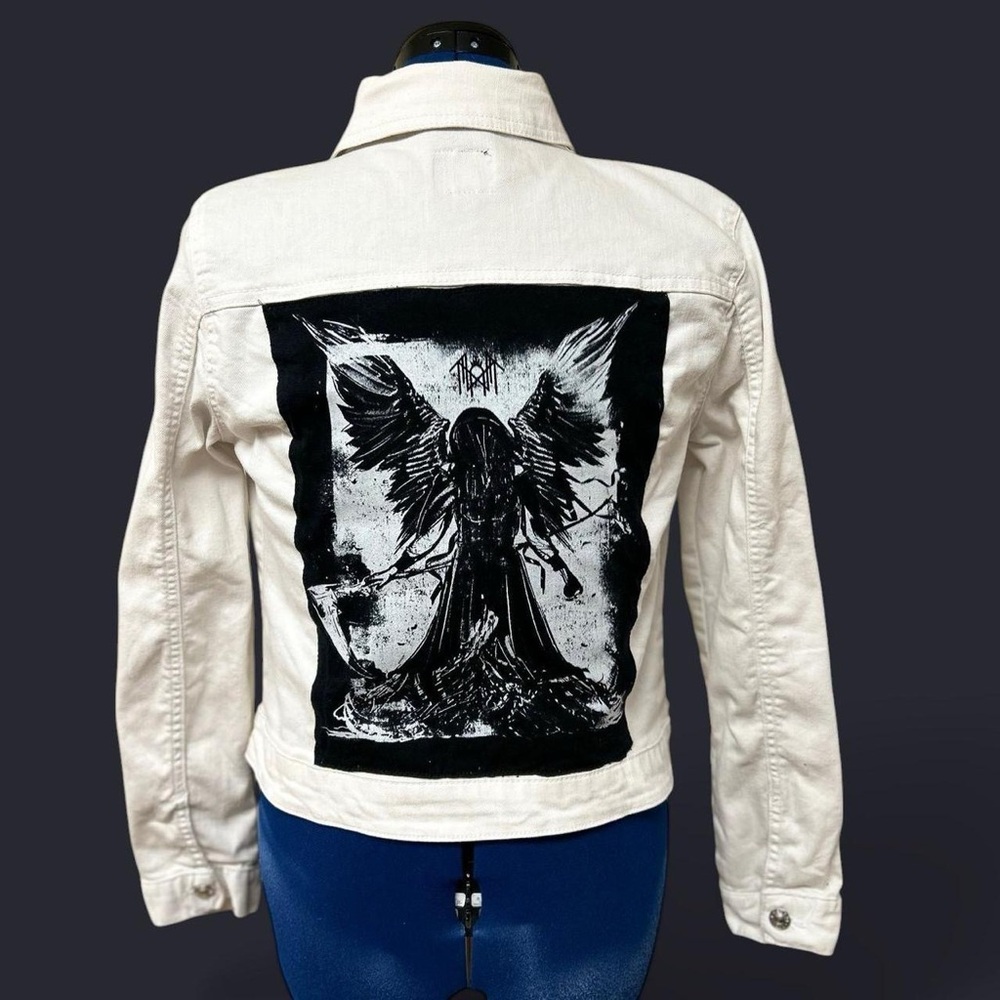 Custom White Denim Jacket with Angel of Death Sleep Token Tshirt Graphic - Picture 4 of 8